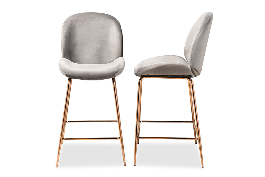 Baxton Studio Lander Modern Luxe and Glam Grey Velvet Fabric Upholstered and Rose Gold Finished Metal 2-Piece Counter Stool Set