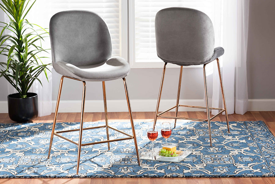 Baxton Studio Lander Modern Luxe and Glam Grey Velvet Fabric Upholstered and Rose Gold Finished Metal 2-Piece Counter Stool Set