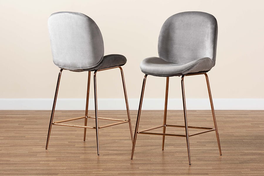 Baxton Studio Lander Modern Luxe and Glam Grey Velvet Fabric Upholstered and Rose Gold Finished Metal 2-Piece Counter Stool Set
