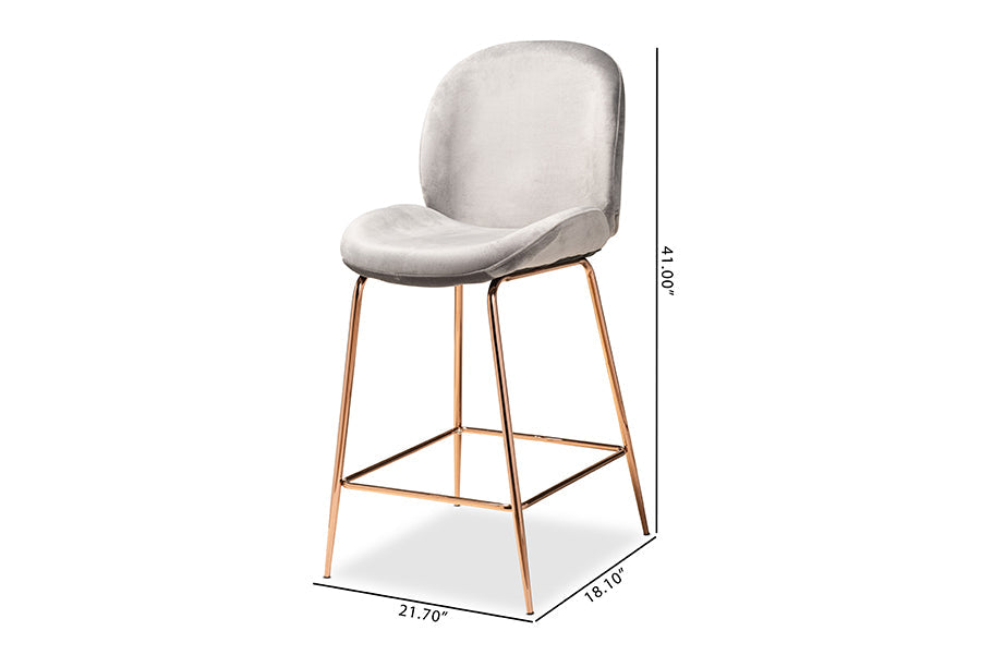 Baxton Studio Lander Modern Luxe and Glam Grey Velvet Fabric Upholstered and Rose Gold Finished Metal 2-Piece Counter Stool Set