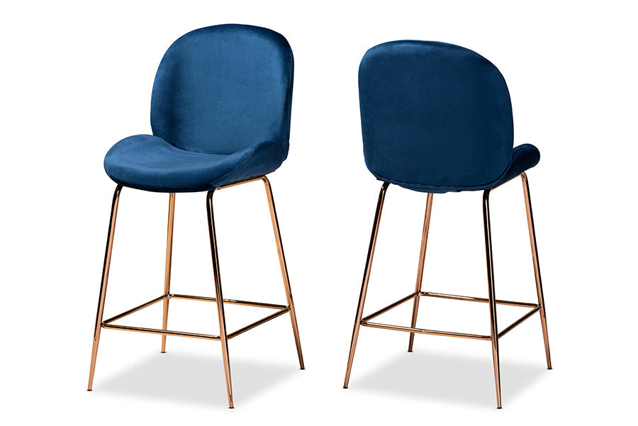 Baxton Studio Lander Modern Luxe and Glam Navy Blue Velvet Fabric Upholstered and Rose Gold Finished Metal 2-Piece Counter Stool Set