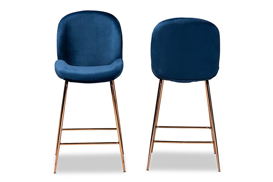 Baxton Studio Lander Modern Luxe and Glam Navy Blue Velvet Fabric Upholstered and Rose Gold Finished Metal 2-Piece Counter Stool Set