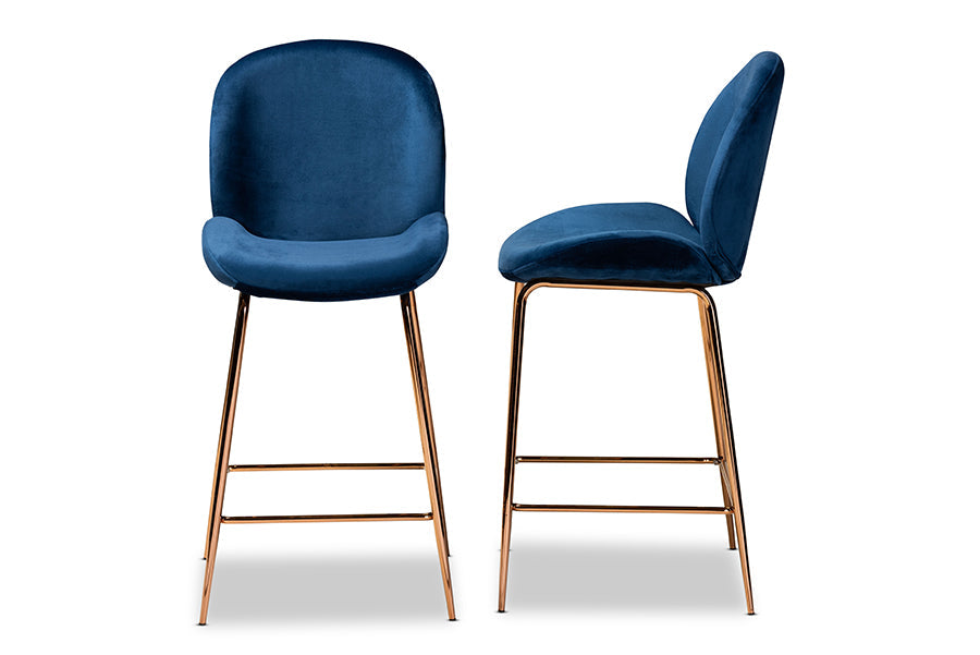 Baxton Studio Lander Modern Luxe and Glam Navy Blue Velvet Fabric Upholstered and Rose Gold Finished Metal 2-Piece Counter Stool Set