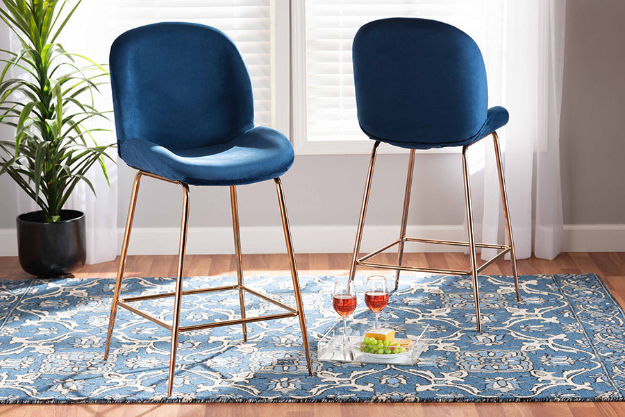 Baxton Studio Lander Modern Luxe and Glam Navy Blue Velvet Fabric Upholstered and Rose Gold Finished Metal 2-Piece Counter Stool Set