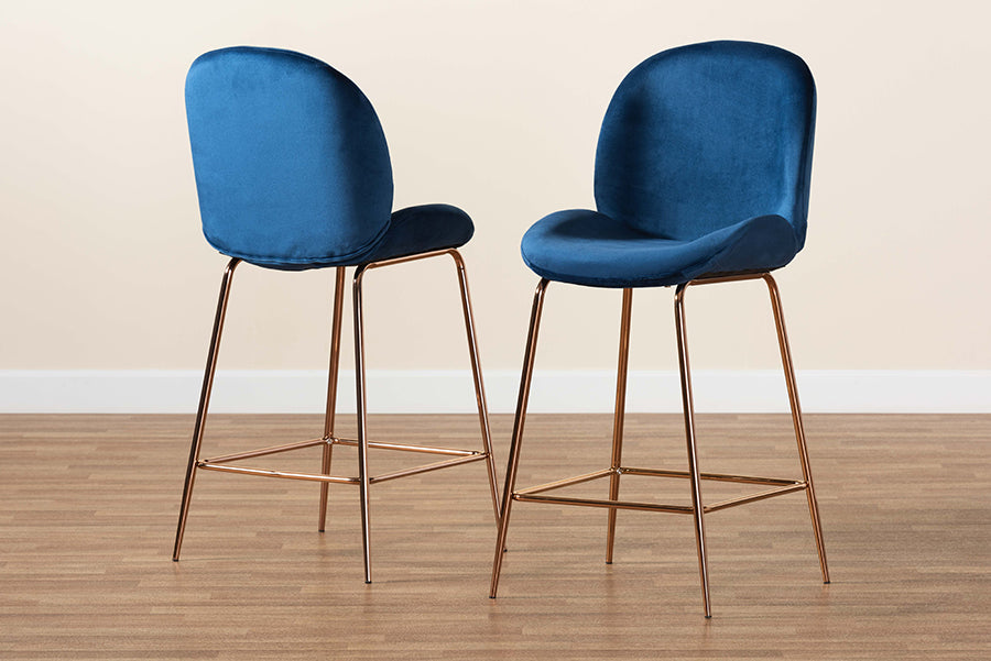 Baxton Studio Lander Modern Luxe and Glam Navy Blue Velvet Fabric Upholstered and Rose Gold Finished Metal 2-Piece Counter Stool Set