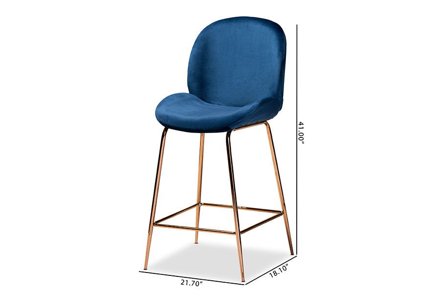 Baxton Studio Lander Modern Luxe and Glam Navy Blue Velvet Fabric Upholstered and Rose Gold Finished Metal 2-Piece Counter Stool Set