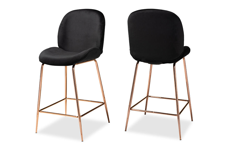 Baxton Studio Lander Modern Luxe and Glam Black Velvet Fabric Upholstered and Rose Gold Finished Metal 2-Piece Counter Stool Set