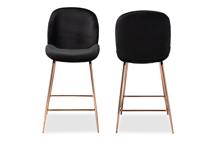 Baxton Studio Lander Modern Luxe and Glam Black Velvet Fabric Upholstered and Rose Gold Finished Metal 2-Piece Counter Stool Set