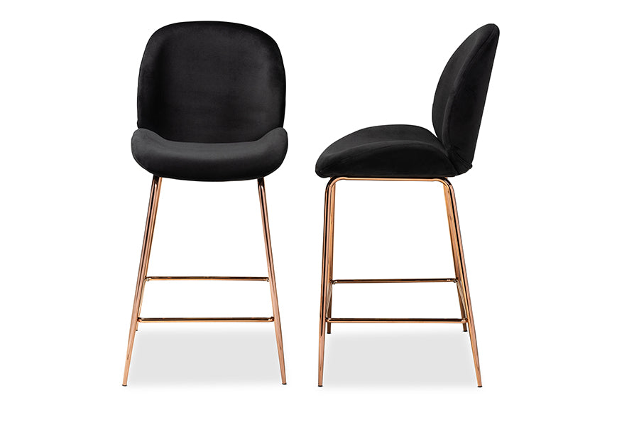 Baxton Studio Lander Modern Luxe and Glam Black Velvet Fabric Upholstered and Rose Gold Finished Metal 2-Piece Counter Stool Set