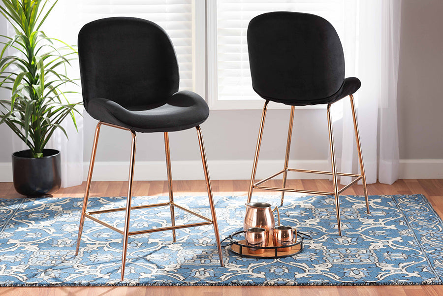 Baxton Studio Lander Modern Luxe and Glam Black Velvet Fabric Upholstered and Rose Gold Finished Metal 2-Piece Counter Stool Set