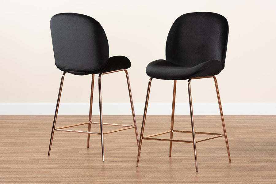 Baxton Studio Lander Modern Luxe and Glam Black Velvet Fabric Upholstered and Rose Gold Finished Metal 2-Piece Counter Stool Set