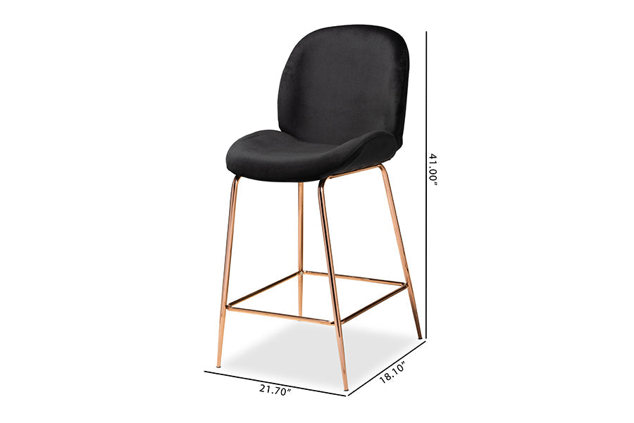 Baxton Studio Lander Modern Luxe and Glam Black Velvet Fabric Upholstered and Rose Gold Finished Metal 2-Piece Counter Stool Set