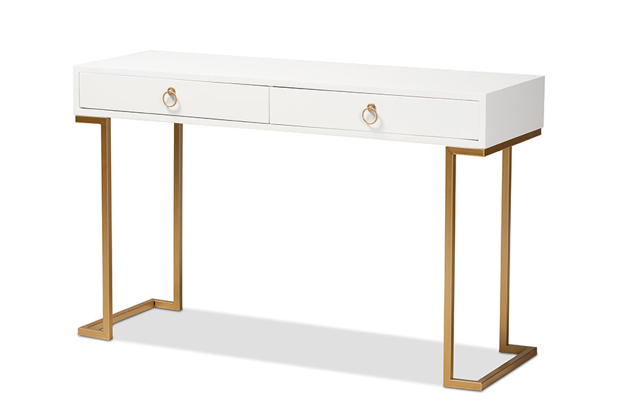 Baxton Studio Beagan Modern and Contemporary White Finished Wood and Gold Metal 2-Drawer Console Table