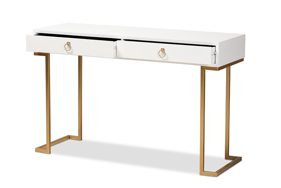 Baxton Studio Beagan Modern and Contemporary White Finished Wood and Gold Metal 2-Drawer Console Table