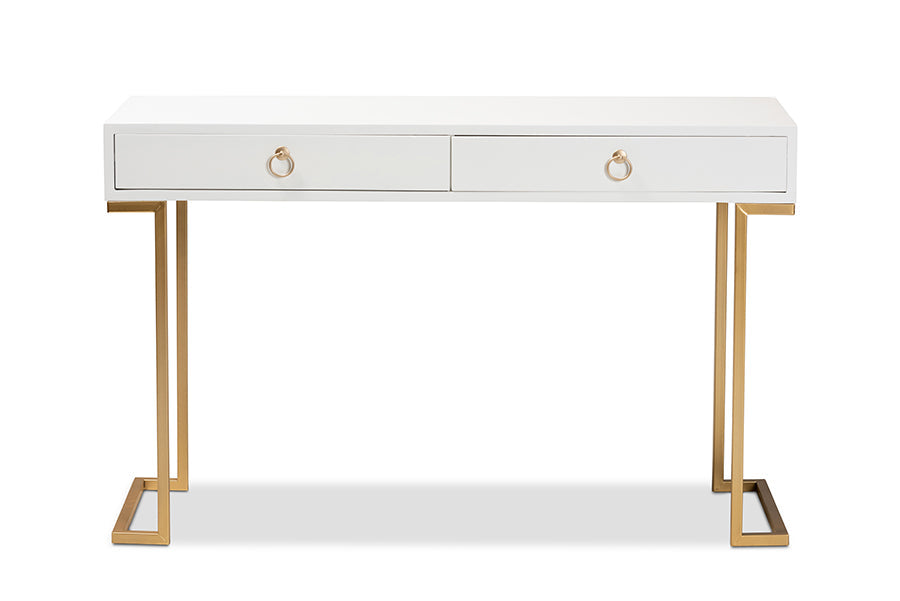 Baxton Studio Beagan Modern and Contemporary White Finished Wood and Gold Metal 2-Drawer Console Table