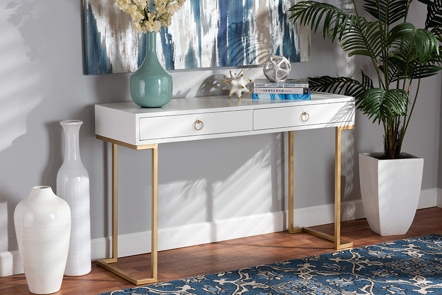 Baxton Studio Beagan Modern and Contemporary White Finished Wood and Gold Metal 2-Drawer Console Table