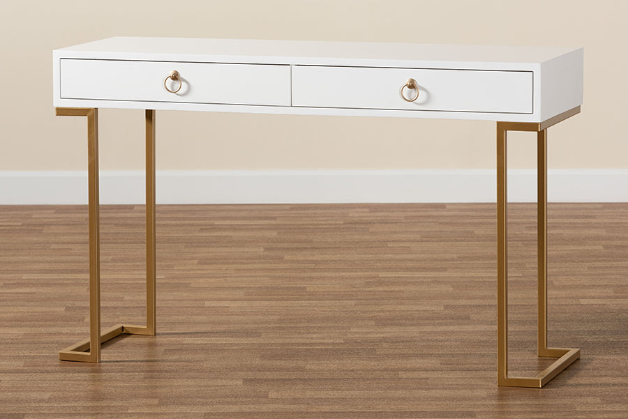 Baxton Studio Beagan Modern and Contemporary White Finished Wood and Gold Metal 2-Drawer Console Table