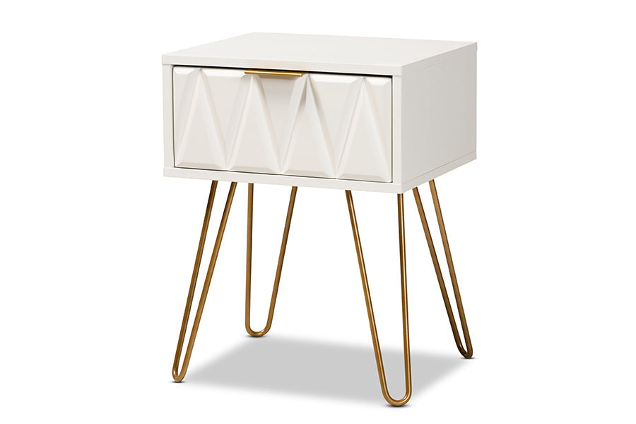 Baxton Studio Holbrook Contemporary Glam and Luxe White Finished Wood and Gold Metal 1-Drawer End Table