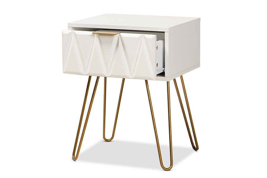 Baxton Studio Holbrook Contemporary Glam and Luxe White Finished Wood and Gold Metal 1-Drawer End Table