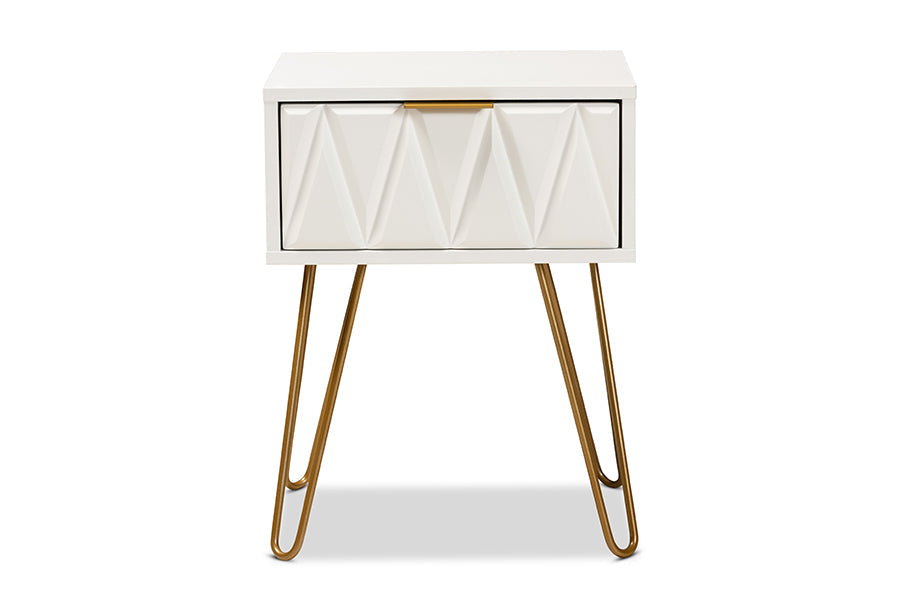 Baxton Studio Holbrook Contemporary Glam and Luxe White Finished Wood and Gold Metal 1-Drawer End Table