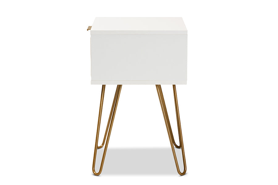 Baxton Studio Holbrook Contemporary Glam and Luxe White Finished Wood and Gold Metal 1-Drawer End Table
