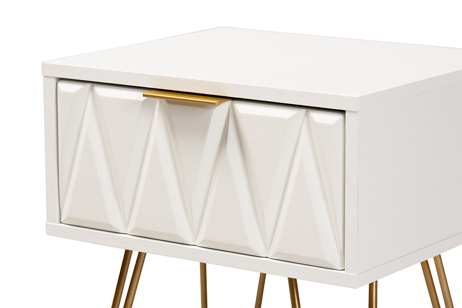 Baxton Studio Holbrook Contemporary Glam and Luxe White Finished Wood and Gold Metal 1-Drawer End Table