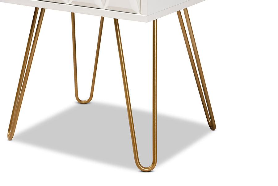 Baxton Studio Holbrook Contemporary Glam and Luxe White Finished Wood and Gold Metal 1-Drawer End Table