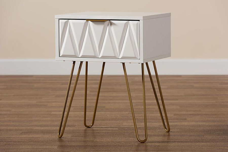 Baxton Studio Holbrook Contemporary Glam and Luxe White Finished Wood and Gold Metal 1-Drawer End Table