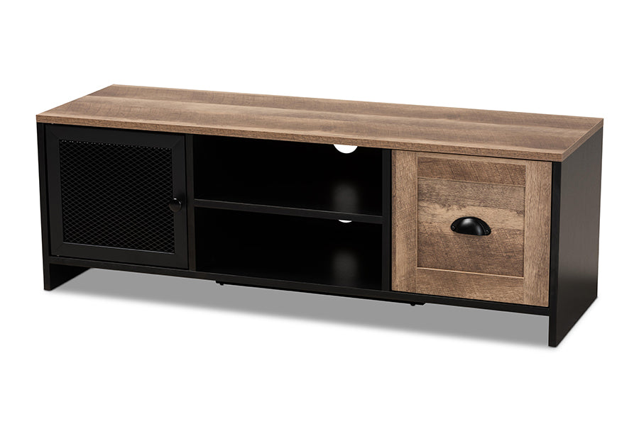 Baxton Studio Connell Modern and Contemporary Industrial Two-Tone Natural Brown and Black Finished Wood and Black Metal 2-Door TV Stand