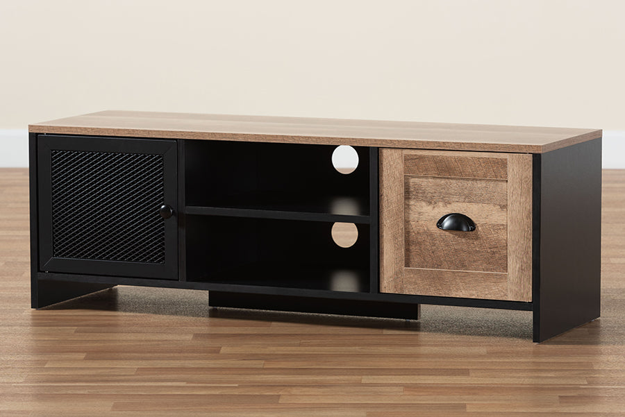 Baxton Studio Connell Modern and Contemporary Industrial Two-Tone Natural Brown and Black Finished Wood and Black Metal 2-Door TV Stand