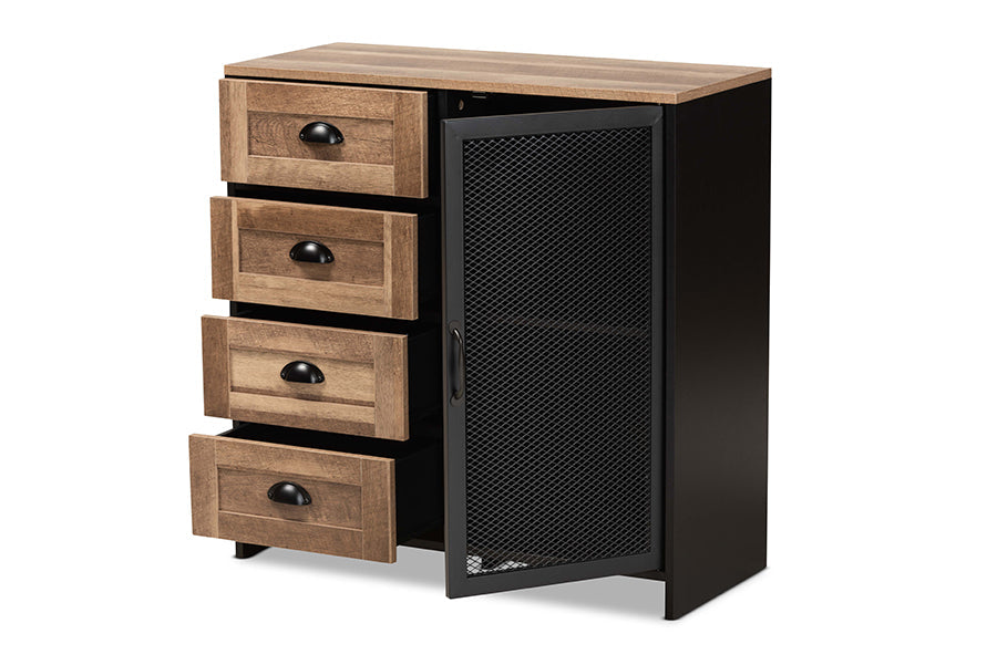 Baxton Studio Connell Modern and Contemporary Industrial Two-Tone Natural Brown and Black Finished Wood and Black Metal Sideboard Buffet