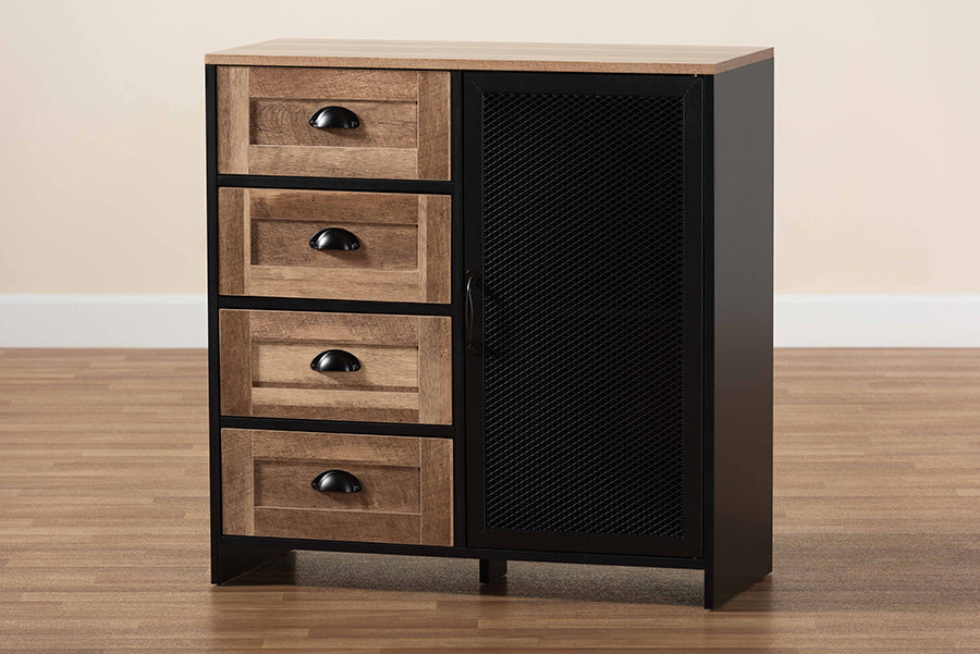 Baxton Studio Connell Modern and Contemporary Industrial Two-Tone Natural Brown and Black Finished Wood and Black Metal Sideboard Buffet