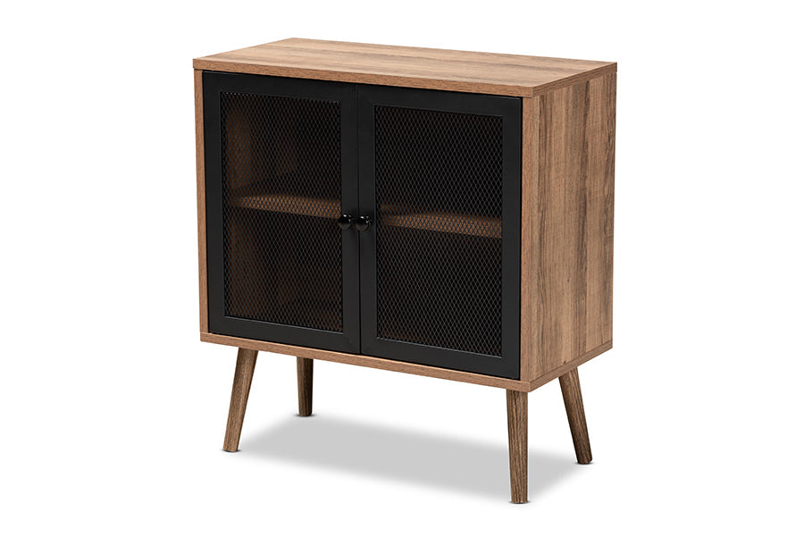 Baxton Studio Yuna Mid-Century Modern Transitional Natural Brown Finished Wood and Black Metal 2-Door Storage Cabinet