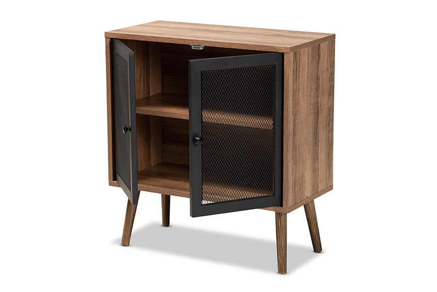Baxton Studio Yuna Mid-Century Modern Transitional Natural Brown Finished Wood and Black Metal 2-Door Storage Cabinet