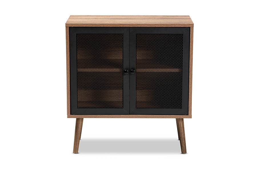 Baxton Studio Yuna Mid-Century Modern Transitional Natural Brown Finished Wood and Black Metal 2-Door Storage Cabinet