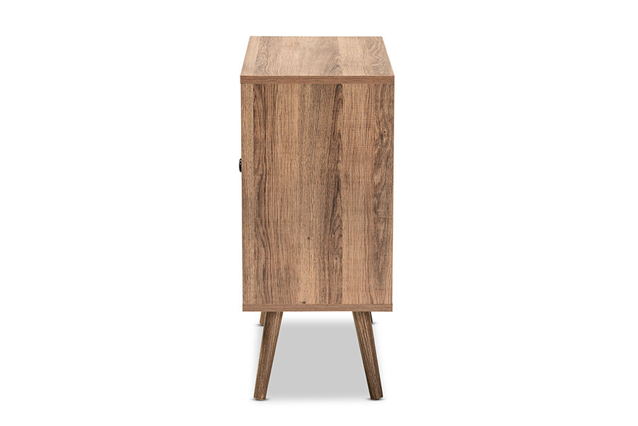 Baxton Studio Yuna Mid-Century Modern Transitional Natural Brown Finished Wood and Black Metal 2-Door Storage Cabinet