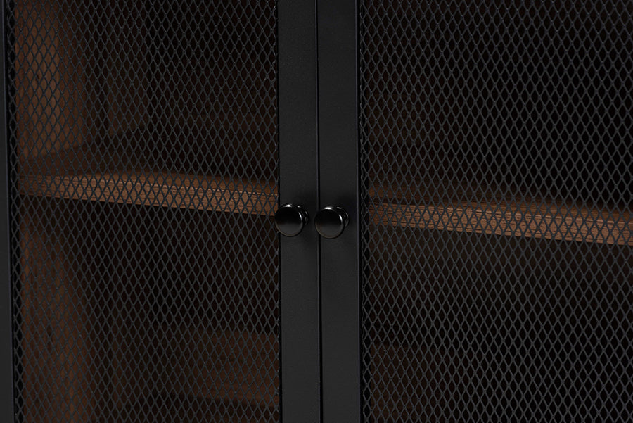 Baxton Studio Yuna Mid-Century Modern Transitional Natural Brown Finished Wood and Black Metal 2-Door Storage Cabinet