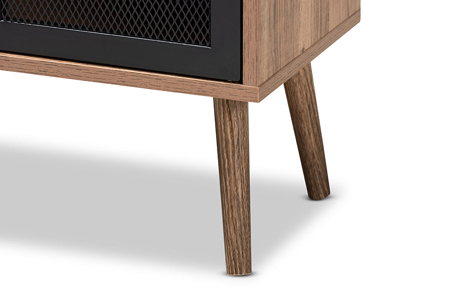 Baxton Studio Yuna Mid-Century Modern Transitional Natural Brown Finished Wood and Black Metal 2-Door Storage Cabinet