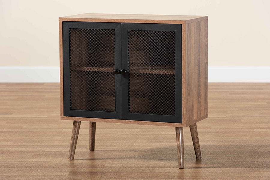 Baxton Studio Yuna Mid-Century Modern Transitional Natural Brown Finished Wood and Black Metal 2-Door Storage Cabinet