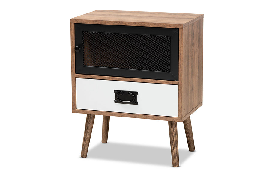 Baxton Studio Hubbard Mid-Century Modern Two-Tone Natural Brown and White Finished Wood and Black Metal 1-Drawer Nightstand