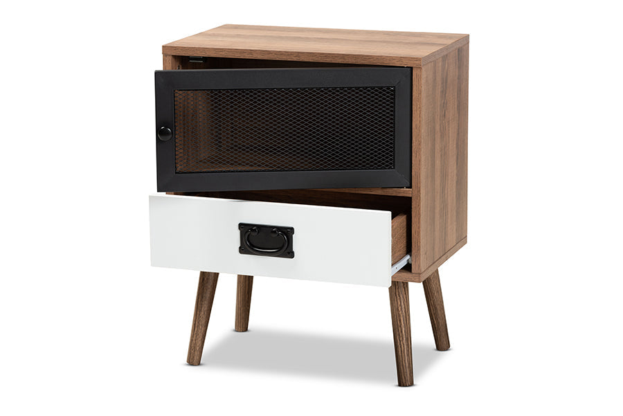 Baxton Studio Hubbard Mid-Century Modern Two-Tone Natural Brown and White Finished Wood and Black Metal 1-Drawer Nightstand