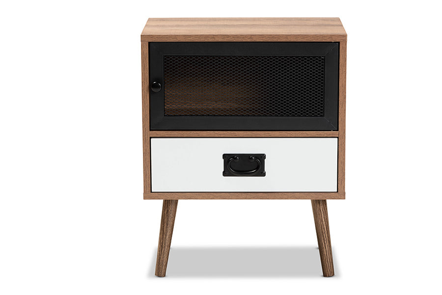 Baxton Studio Hubbard Mid-Century Modern Two-Tone Natural Brown and White Finished Wood and Black Metal 1-Drawer Nightstand
