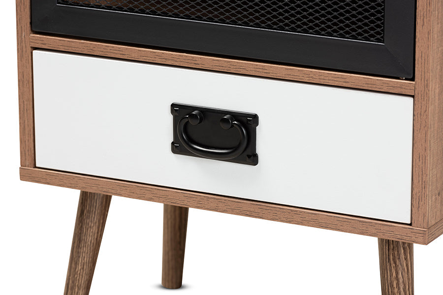 Baxton Studio Hubbard Mid-Century Modern Two-Tone Natural Brown and White Finished Wood and Black Metal 1-Drawer Nightstand