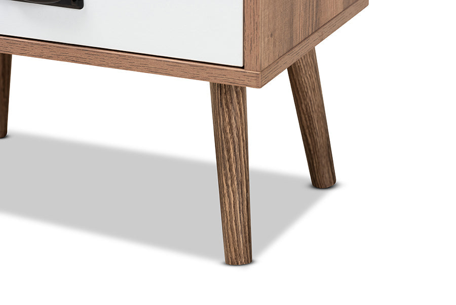 Baxton Studio Hubbard Mid-Century Modern Two-Tone Natural Brown and White Finished Wood and Black Metal 1-Drawer Nightstand