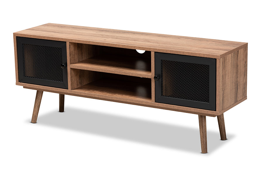 Baxton Studio Yuna Mid-Century Modern Transitional Natural Brown Finished Wood and Black Metal 2-Door TV Stand