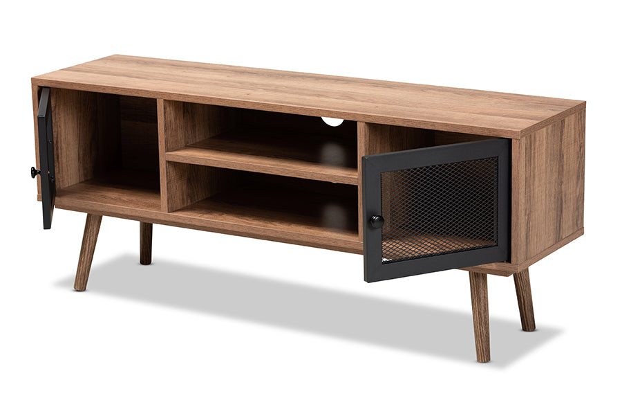 Baxton Studio Yuna Mid-Century Modern Transitional Natural Brown Finished Wood and Black Metal 2-Door TV Stand