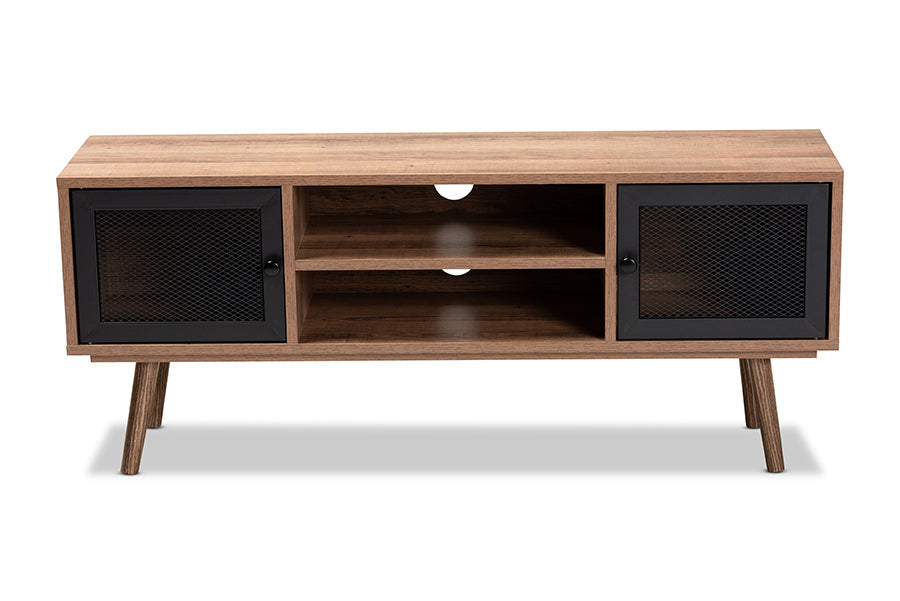 Baxton Studio Yuna Mid-Century Modern Transitional Natural Brown Finished Wood and Black Metal 2-Door TV Stand