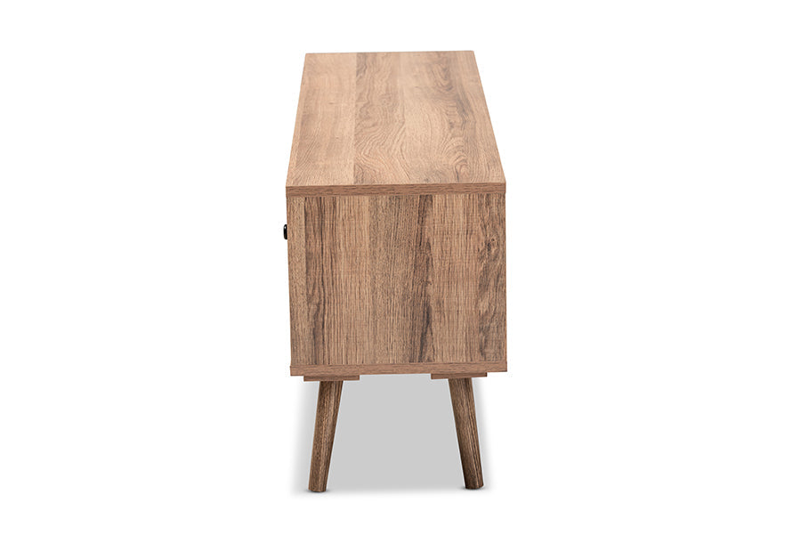 Baxton Studio Yuna Mid-Century Modern Transitional Natural Brown Finished Wood and Black Metal 2-Door TV Stand