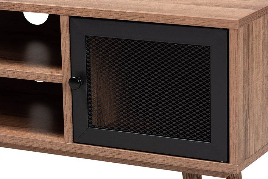 Baxton Studio Yuna Mid-Century Modern Transitional Natural Brown Finished Wood and Black Metal 2-Door TV Stand