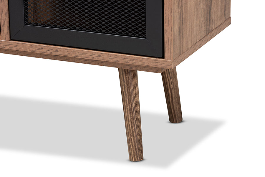 Baxton Studio Yuna Mid-Century Modern Transitional Natural Brown Finished Wood and Black Metal 2-Door TV Stand
